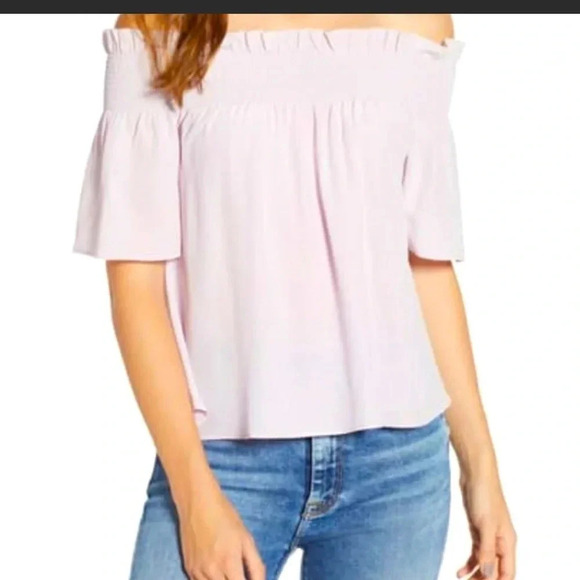 7 FOR ALL MANKIND Off the Shoulder Smocked Silk Top Lilac Size M New Condition - Picture 1 of 4